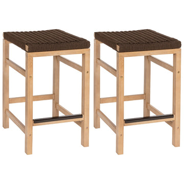 Armand 25.6" Modern Coastal Backless Acacia Wood Outdoor Counter Stool with Woven Rope Seat